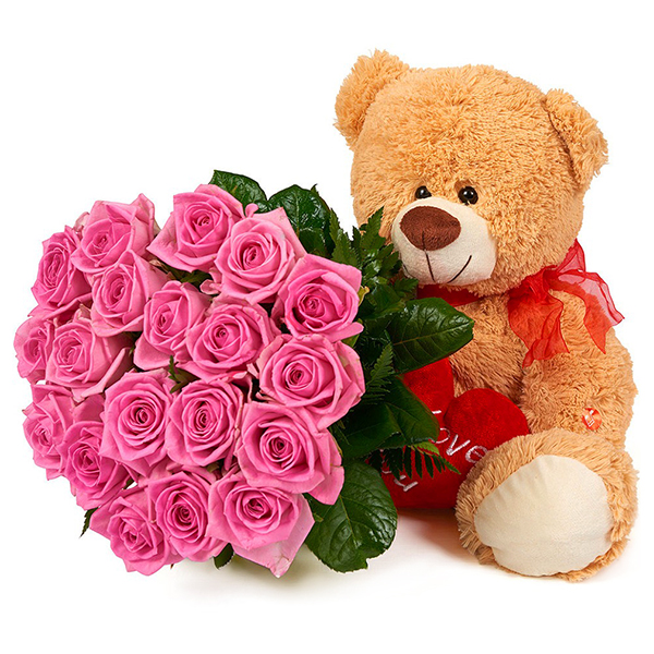 19 pink roses + Teddy bear 35 cm