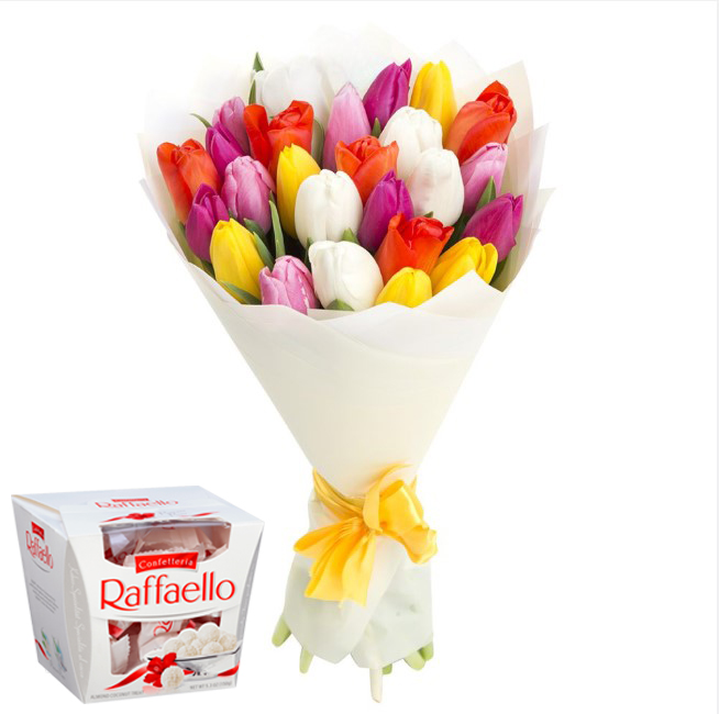 Set "25 tulipanes+caramelos Raffaello"